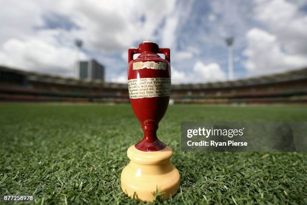 Replica Ashes Urn is seen during a media opportunity ahead of the 2017/18 Ashes Series beginning tomorrow, at The Gabba on November 22, 2017 in...