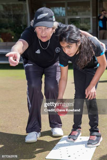 Junior Para athlete Taarini Soni-Singh having a go at lawn bowls supervised by Ann Muir during the New Zealand Commonwealth Games Para Lawn Bowls &...