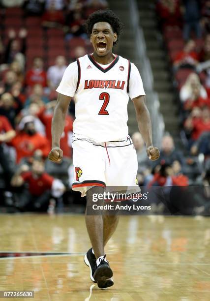 Darius Perry of the Louisville Cardinals celebrates in the game against the Southern Illinois Salukis at KFC YUM! Center on November 21, 2017 in...