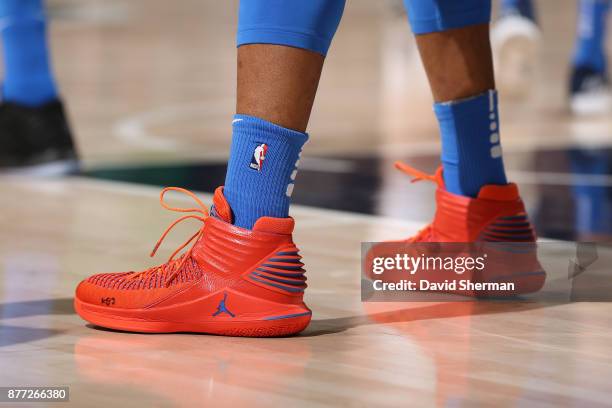 The sneakers of Russell Westbrook of the Oklahoma City Thunder are seen during the game against the Utah Jazz on October 21, 2017 at Vivint Smart...