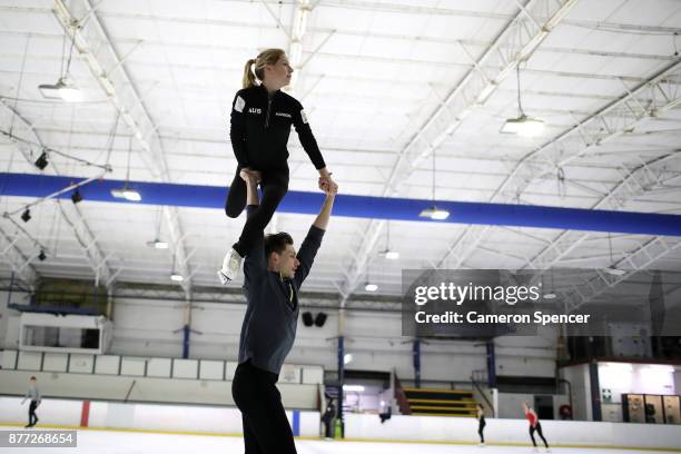 Australian figure skater Harley Windsor and his skating partner Ekaterina Alexandrovskaya practice lifts during their routine during a training...