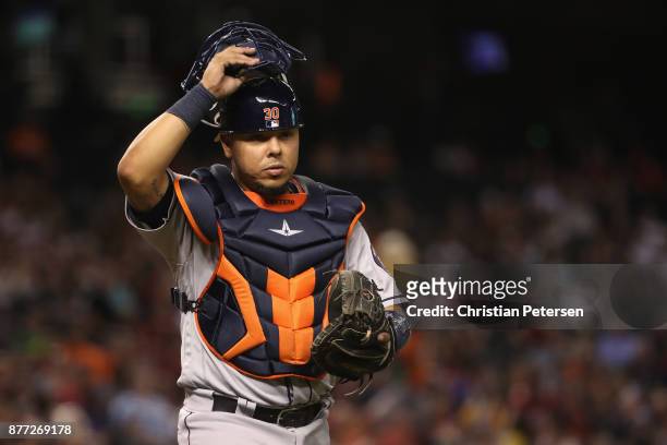 Catcher Juan Centeno of the Houston Astros during the MLB game against the Arizona Diamondbacks at Chase Field on August 14, 2017 in Phoenix,...