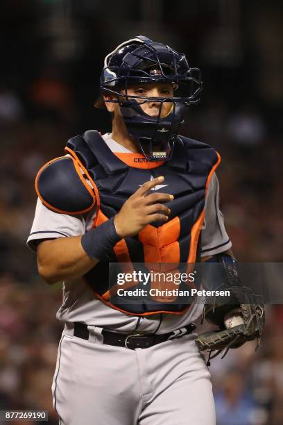 Catcher Juan Centeno of the Houston Astros during the MLB game against the Arizona Diamondbacks at Chase Field on August 14, 2017 in Phoenix,...