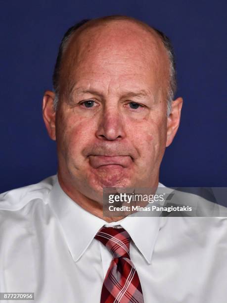 Head coach of the Montreal Canadiens Claude Julien speaks with the media after losing against the Toronto Maple Leafs during the NHL game at the Bell...