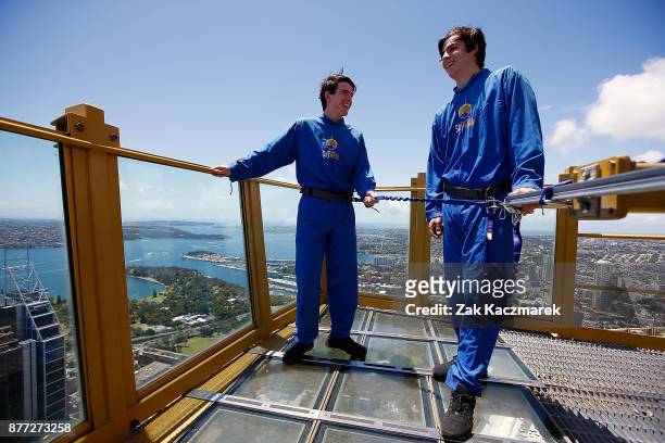 Andrew Brayshaw and Darcy Fogarty admire the scenic view during an AFL Draft media opportunity at Sydney SKYWALK on November 22, 2017 in Sydney,...