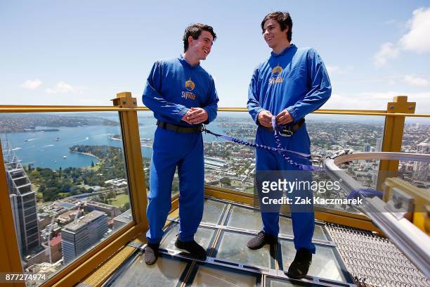 Andrew Brayshaw and Darcy Fogarty admire the scenic view during an AFL Draft media opportunity at Sydney SKYWALK on November 22, 2017 in Sydney,...