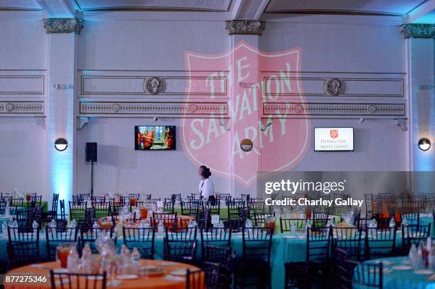 View of the tables being set during The Salvation Army Feast of Sharing presented by Nickelodeon at Casa Vertigo on November 21, 2017 in Los Angeles,...