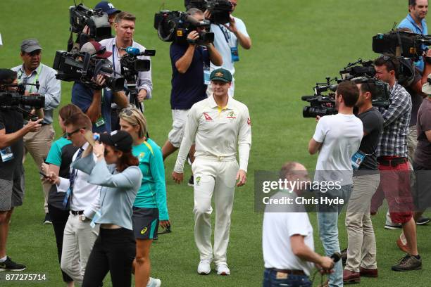 Captain Steve Smith walks off the field after a media opportunity ahead of the 2017/18 Ashes Series beginning tomorrow, at The Gabba on November 22,...