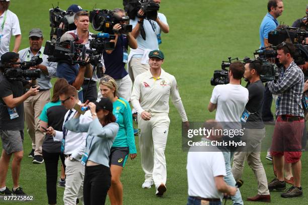 Captain Steve Smith walks off the field after a media opportunity ahead of the 2017/18 Ashes Series beginning tomorrow, at The Gabba on November 22,...