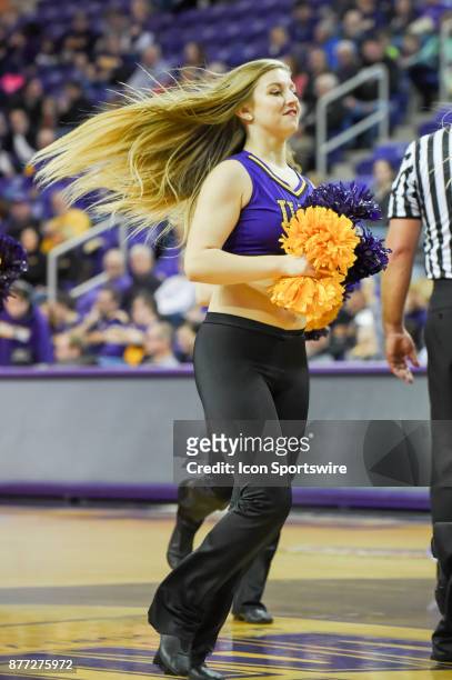 The UNI cheerleaders rev up the crowd during a second half timeout during the basketball game between the Chicago State Cougars and the University of...