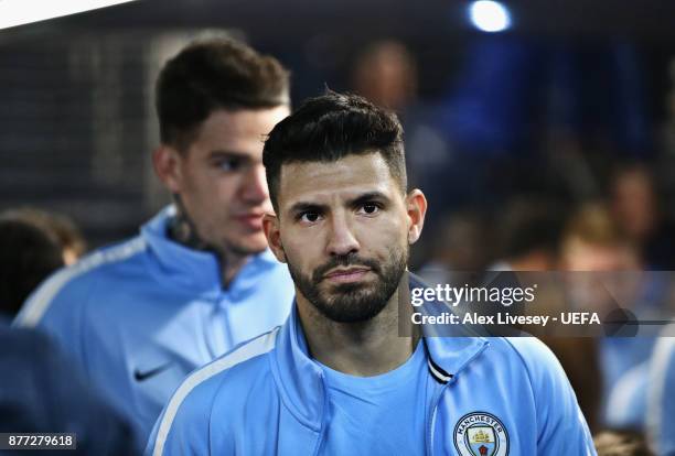 Sergio Aguero of Manchester City waits in the tunnel prior to the UEFA Champions League group F match between Manchester City and Feyenoord at Etihad...