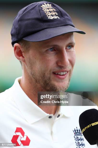 Joe Root, Captain of England speaks to media during a media opportunity ahead of the 2017/18 Ashes Series beginning tomorrow, at The Gabba on...