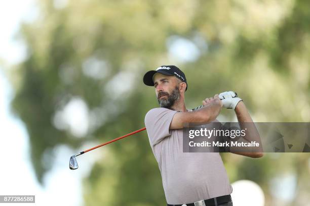 Geoff Ogilvy of Australia plays his second shot on the 4th hole during the Pro-Am ahead of the 2017 Australian Golf Open at The Australian Golf Club...