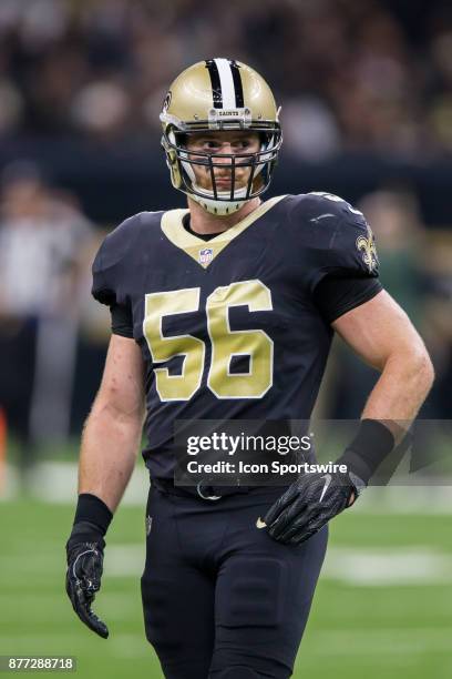 New Orleans Saints linebacker Michael Mauti looks on against Washington Redskins on November 19, 2017 at the Mercedes-Benz Superdome in New Orleans,...