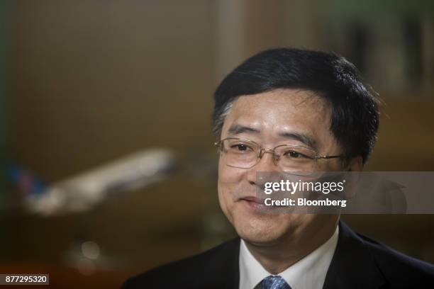 Tan Wangeng, president of China Southern Airlines Co., pauses during a Bloomberg Television interview in Guangzhou, China, on Thursday, Nov. 2, 2017....