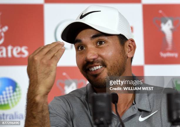 Australian golfer Jason Day speaks during a press conference ahead of the Australian Open golf tournament in Sydney on November 22, 2017 - The...