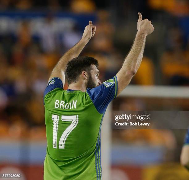 Will Bruin of Seattle Sounders celebrates a goal in the first half against the Houston Dynamo at BBVA Compass Stadium on November 21, 2017 in...