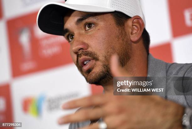 Australian golfer Jason Day speaks during a press conference ahead of the Australian Open golf tournament in Sydney on November 22, 2017 - The...