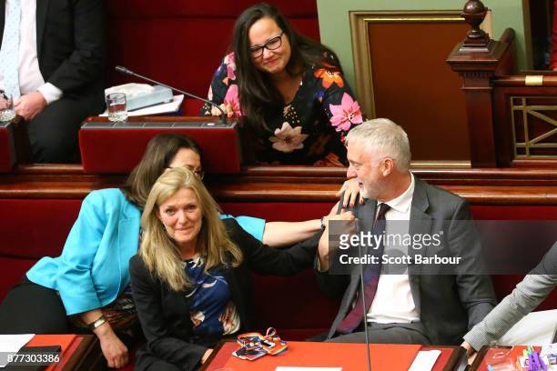 Gavin Jennings MP is congratulated as the bill passes inside of the Parliament of Victoria on November 22, 2017 in Melbourne, Australia. Government...