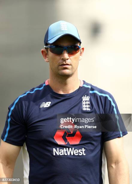 England Bowling Coach Shane Bond looks on during an England nets session at The Gabba on November 22, 2017 in Brisbane, Australia.