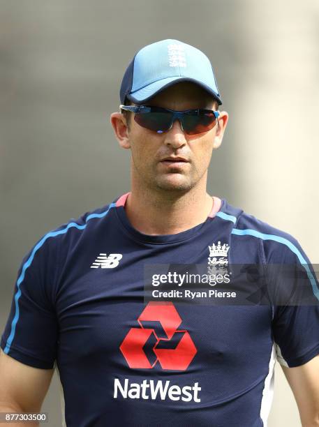 England Bowling Coach Shane Bond looks on during an England nets session at The Gabba on November 22, 2017 in Brisbane, Australia.