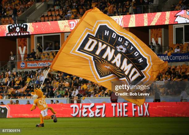 Houston Dynamo mascot Diesel The Fox takes the field at BBVA Compass Stadium on November 21, 2017 in Houston, Texas.