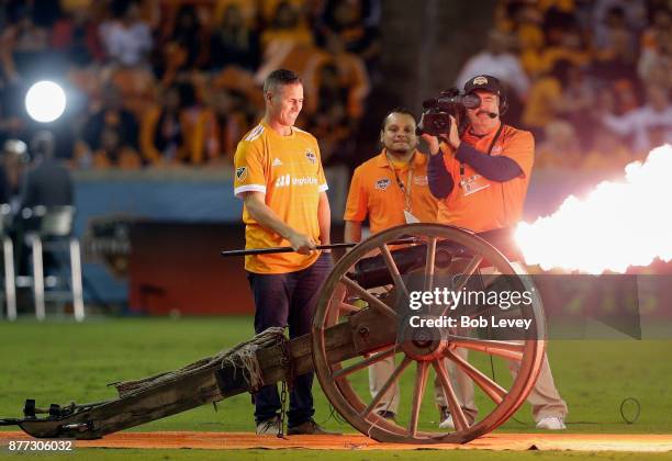 Former Olympic speedskater Chad Hedrick fires off El Capitan at BBVA Compass Stadium on November 21, 2017 in Houston, Texas.