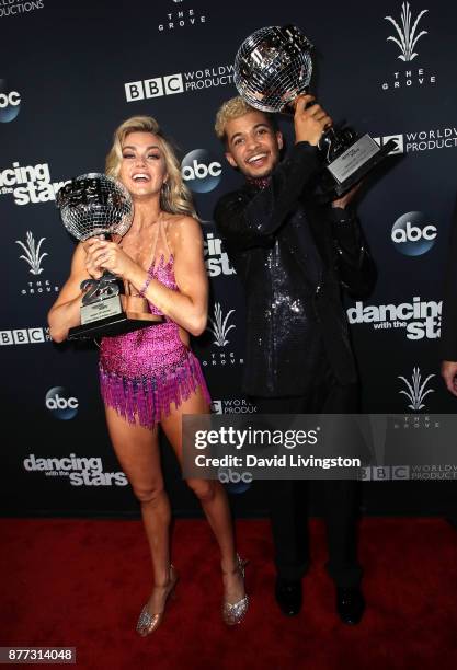 Singer Jordan Fisher and dancer Lindsay Arnold pose at "Dancing with the Stars" season 25 finale at The Grove on November 21, 2017 in Los Angeles,...