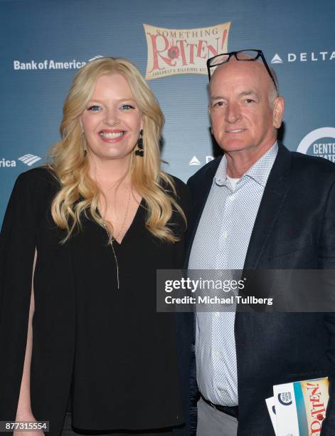 Actress Melissa Peterman and John Brady attend the opening night of "Something Rotten!" at Ahmanson Theatre on November 21, 2017 in Los Angeles,...