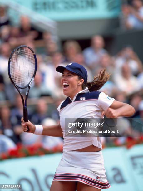 Jennifer Capriati of the USA celebrates after defeating Kim Clijsters of Belgium in the Women's Singles Final of the French Open Tennis Championships...