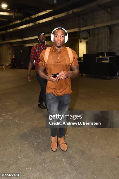 Kay Felder of the Chicago Bulls arrives before the game against the Los Angeles Lakers on November 21, 2017 at STAPLES Center in Los Angeles,...