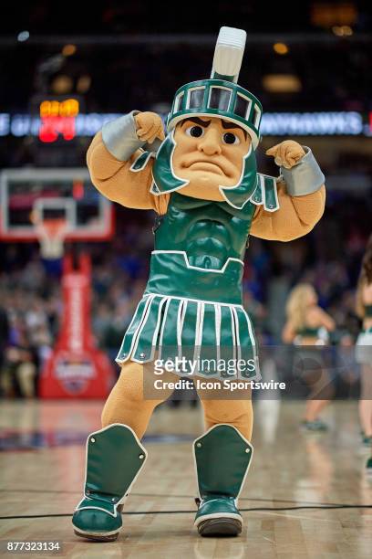 Michigan State Spartans mascot Sparty performs during the State Farm Classic Champions Classic game between the Duke Blue Devils and the Michigan...