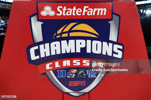 Detailed view of the State Farm Champions Classic logo is seen on a pad during the State Farm Classic Champions Classic game between the Duke Blue...