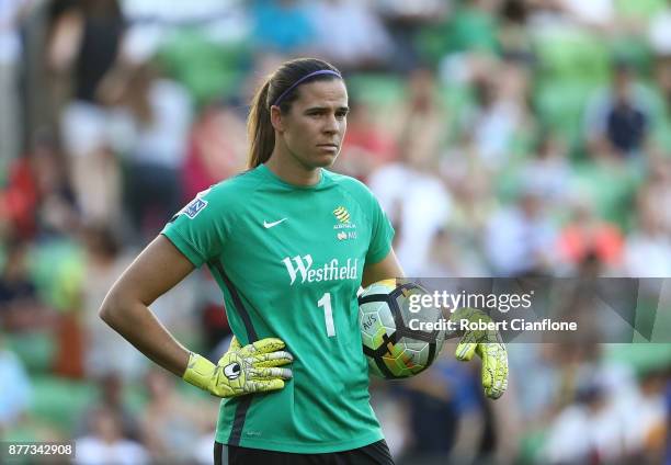 Matildas goalkeeper Lydia Williams looks on prior to the Women's International match between the Australian Matildas and China PR at AAMI Park on...