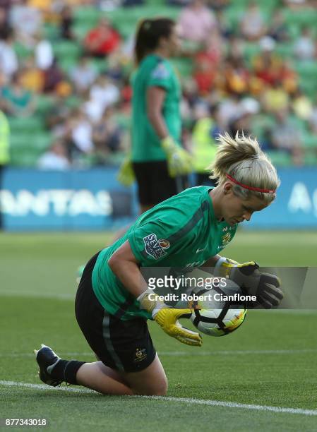 Eliza Campbell of the Matildas warms up prior to the Women's International match between the Australian Matildas and China PR at AAMI Park on...