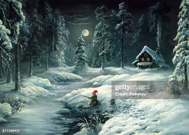 wintermärchen, ölgemälde im retro-stil - christmas elf stock-grafiken, -clipart, -cartoons und -symbole