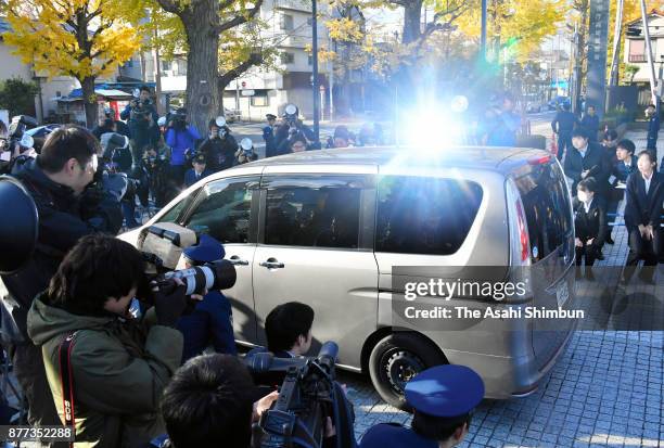 Police car carrying murder suspect Takahiro Shiraishi leaves the Takao Police Station on November 22, 2017 in Hachioji, Tokyo, Japan. Shiraishi has...