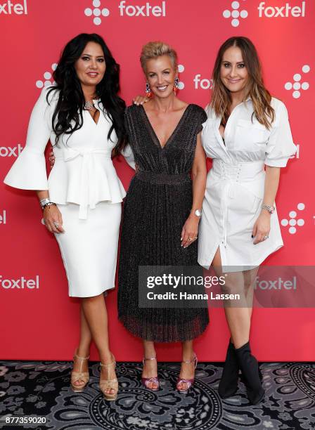 Lydia Schiavello, Sally Bloomfield and Jackie Gillies arrive at a Real Housewives of Melbourne Season 4 Media Opportunity on November 22, 2017 in...