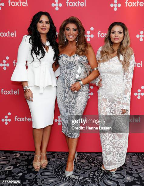 Lydia Schiavello, Gina Liano and Venus Behbahani-Clark arrive at a Real Housewives of Melbourne Season 4 Media Opportunity on November 22, 2017 in...