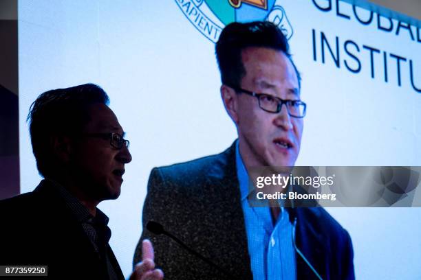 Billionaire Joseph "Joe" Tsai, co-vice chairman of Alibaba Group Holding Ltd., is displayed on a screen as he speaks during the Asia Global Dialogue...