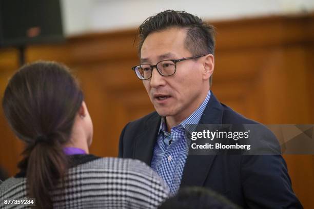 Billionaire Joseph "Joe" Tsai, co-vice chairman of Alibaba Group Holding Ltd., speaks with attendees during the Asia Global Dialogue conference in...