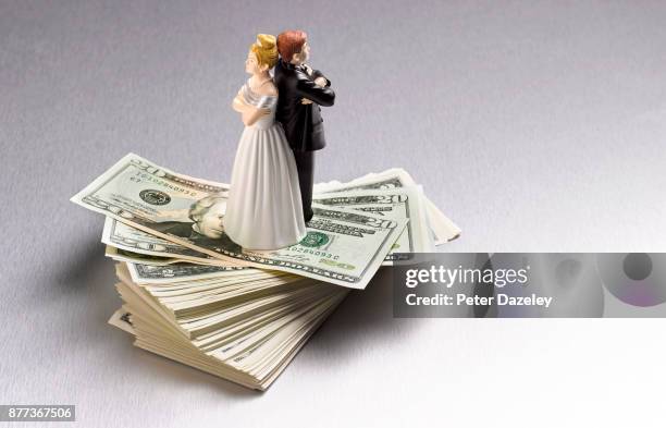 divorced arguing couple on dollars - divorce photos et images de collection