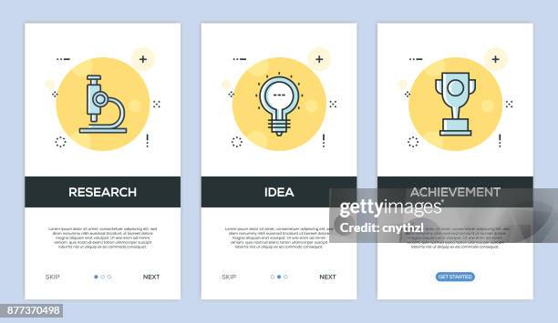 vector illustration of onboarding app screens and web concept with research-idea-achievement screen flat line style - user experience research stock illustrations