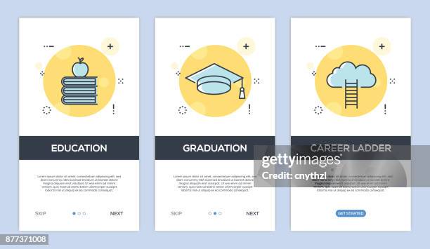vektor-illustration der onboarding-app-screens und web-konzept mit bildung-graduation-karriereleiter screen flache linienstil - auszubildender stock-grafiken, -clipart, -cartoons und -symbole