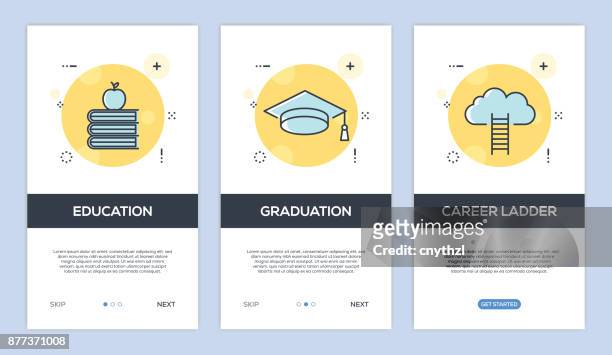 vector illustration of onboarding app screens and web concept with education-graduation-career ladder screen flat line style - screen partition stock illustrations