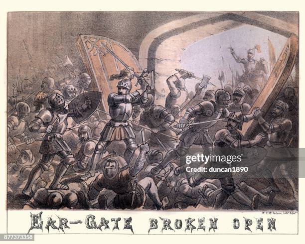 the holy war. battle at the broken castle gates - siege stock illustrations