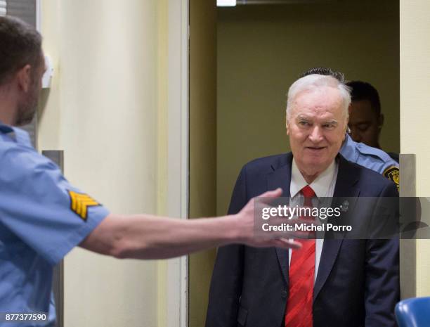 Former Bosnian military chief Ratko Mladic appears for the pronouncement of the Trial Judgement for the International Criminal Tribunal for the...