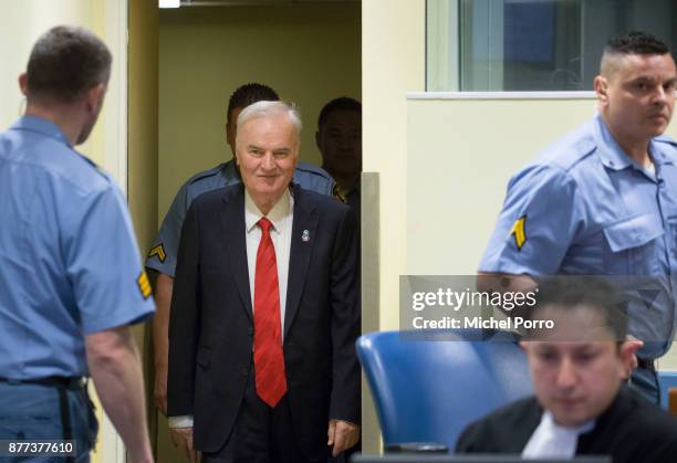 Former Bosnian military chief Ratko Mladic appears for the pronouncement of the Trial Judgement for the International Criminal Tribunal for the...