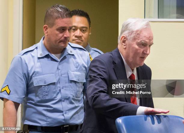 Former Bosnian military chief Ratko Mladic appears for the pronouncement of the Trial Judgement for the International Criminal Tribunal for the...