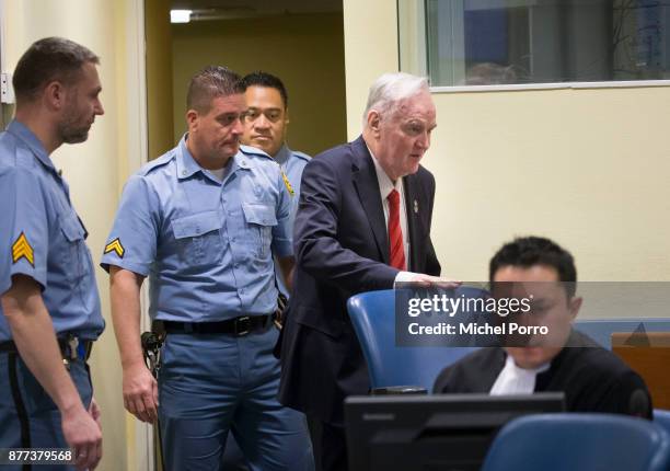 Former Bosnian military chief Ratko Mladic appears for the pronouncement of the Trial Judgement for the International Criminal Tribunal for the...